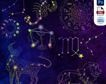 May include: A set of 59 colorful horoscope stamp brushes, featuring constellations of the zodiac signs against a dark blue starry background. The brushes include Aries, Taurus, Gemini, Cancer, Leo, Virgo, Libra, Scorpio, Sagittarius, Capricorn, Aquarius, and Pisces.
