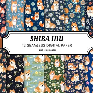May include: Twelve digital paper designs featuring Shiba Inu dogs in various poses with floral patterns in shades of pink, white, and green on a dark blue background. The text "SHIBA Inu" and "12 SEAMLESS DIGITAL PAPER" is displayed in a white banner.