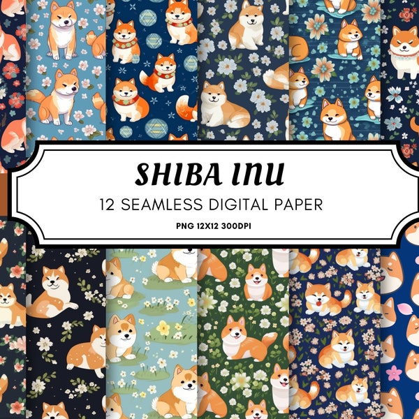 Shiba Inu Dog Puppy Digital Seamless Pattern, Japanese Fabric Pattern Papers, Scrapbook Butterflies Printable