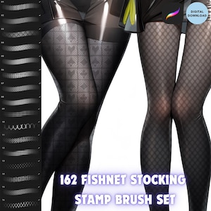 Può includere: Un set di 162 pennelli digitali a timbro per creare motivi di calze a rete. I pennelli sono mostrati su uno sfondo bianco con due paia di gambe che indossano calze a rete diverse.