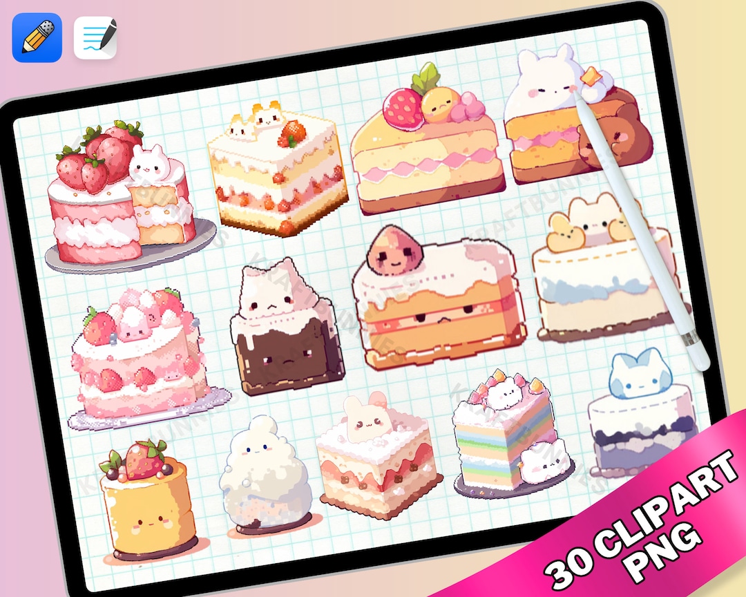 Pixel Art Cute Kawaii Cakes Dessert Pastry Clipart Pastel Watercolor