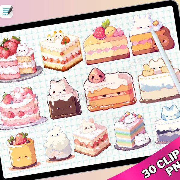 Pixel Art Cute Kawaii Cakes Dessert Pastry Clipart pastel watercolor PNG digital sticker for Goodnotes, digital planner journal printable