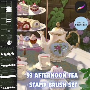 Procreate Afternoon Tea Stamp Brush set Preset , iPad brushes, dessert, cake, whipped cream, teapot stamping