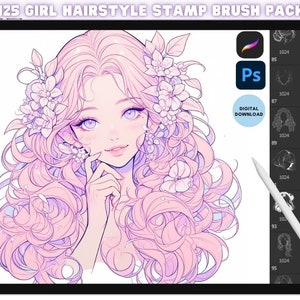 May include: A digital illustration of a girl with long pink hair and flowers in her hair. The image is on a tablet screen with a stylus next to it. The screen shows a set of 125 digital stamps of different hairstyles for girls. The text "125 GIRL HAIRSTYLE STAMP BRUSH PACK" is at the top of the image. The text "DIGITAL DOWNLOAD" is in a circle on the screen. The logos for Procreate and Photoshop are also on the screen.