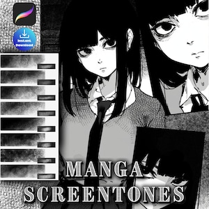 May include: Black and white manga-style illustration of a person with dark hair and a tie. The image includes the text "MANGA SCREEN TONES" and a set of digital art brushes and an "Instant Download" icon.