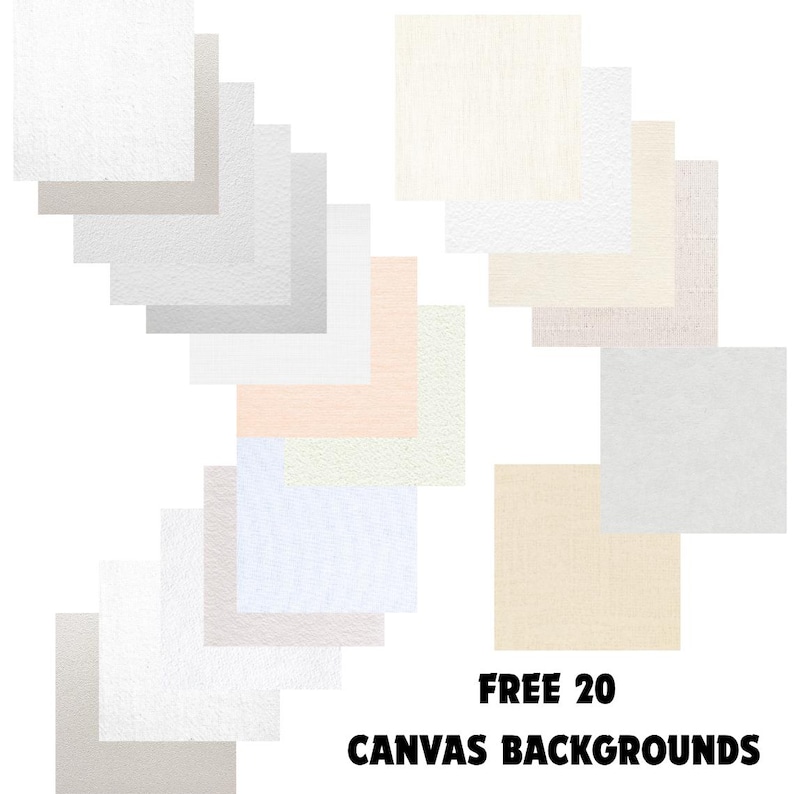 Op de afbeelding: Een assortiment van 20 canvas achtergronden in diverse neutrale kleuren, waaronder wit, beige en grijs. De afbeelding toont een verscheidenheid aan texturen en tinten, met de tekst "FREE 20 CANVAS BACKGROUNDS" onderaan.