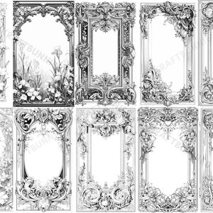 Op de afbeelding: Een set van tien zwart-witte sierlijke frames met ingewikkelde bloemmotieven. De frames zijn allemaal in verschillende vormen en maten, maar ze hebben allemaal een vergelijkbare stijl. Ze zouden perfect zijn om een ​​toets van elegantie toe te voegen aan elk project.