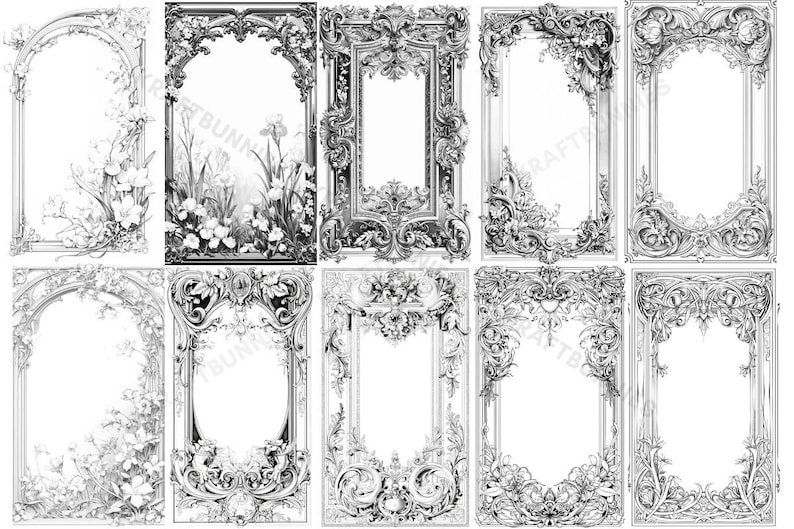Op de afbeelding: Een set van tien zwart-witte sierlijke frames met ingewikkelde bloemmotieven. De frames zijn allemaal in verschillende vormen en maten, maar ze hebben allemaal een vergelijkbare stijl. Ze zouden perfect zijn om een ​​toets van elegantie toe te voegen aan elk project.