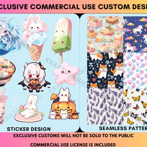 May include: A digital illustration set featuring cute cartoon characters and seamless patterns. The set includes a mermaid, a bunny in an ice cream cone, a popsicle, a girl in a vampire costume, a starfish, a pumpkin with cats, a boba tea, a bunny, a cake pattern, a unicorn pattern, a dog pattern, a heart pattern, a lavender pattern, and a butterfly pattern. The text "EXCLUSIVE CUSTOMS WILL NOT BE SOLD TO THE PUBLIC" and "COMMERCIAL USE LICENSE IS INCLUDED" is also included in the image.