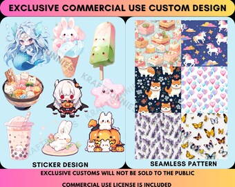 May include: A digital illustration set featuring cute cartoon characters and seamless patterns. The set includes a mermaid, a bunny in an ice cream cone, a popsicle, a girl in a vampire costume, a starfish, a pumpkin with cats, a boba tea, a bunny, a cake pattern, a unicorn pattern, a dog pattern, a heart pattern, a lavender pattern, and a butterfly pattern. The text "EXCLUSIVE CUSTOMS WILL NOT BE SOLD TO THE PUBLIC" and "COMMERCIAL USE LICENSE IS INCLUDED" is also included in the image.