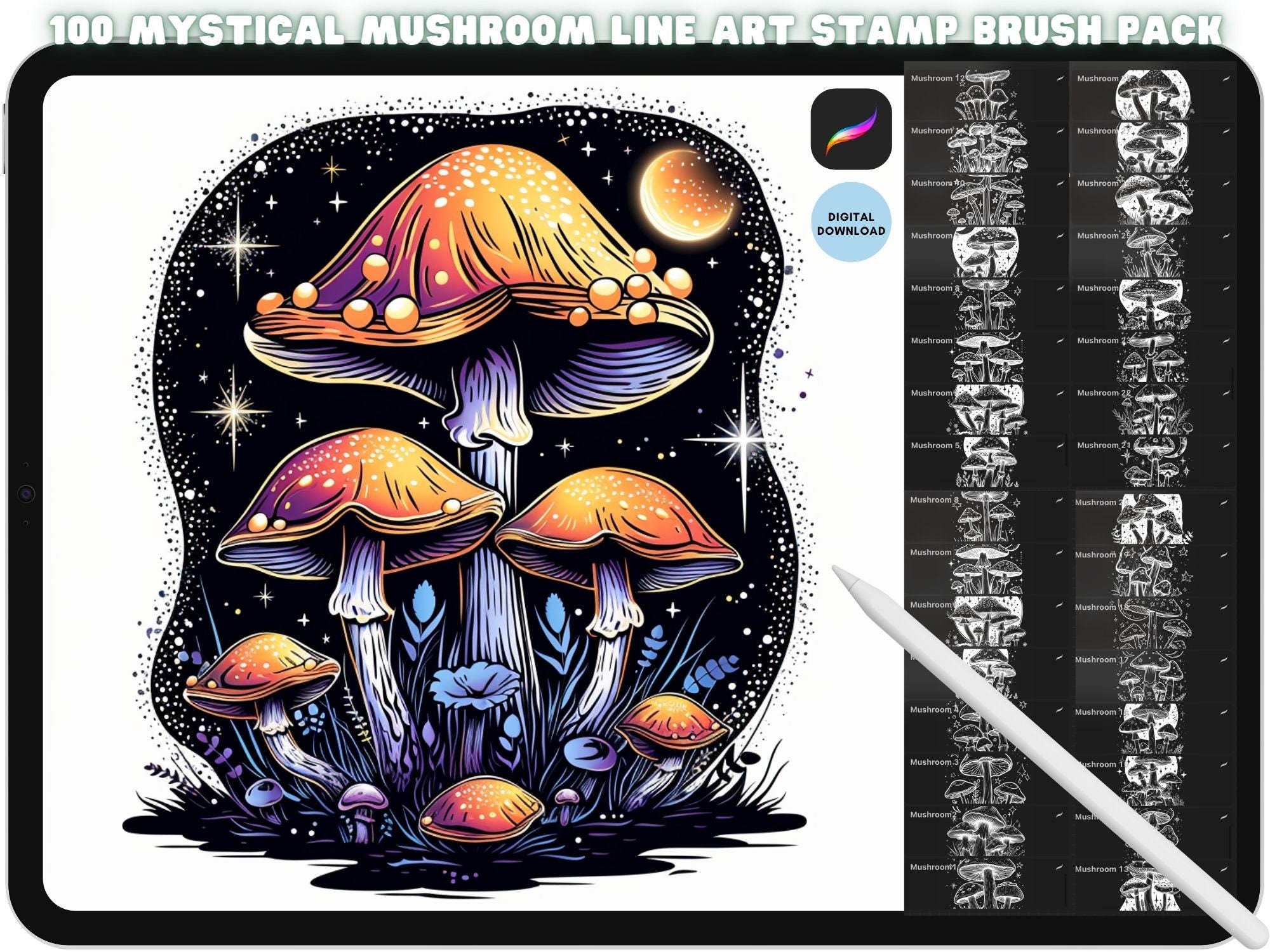 Magical Mushroom Stamp Brush Bundle - Mystical Funghi Procreate Stamp ...