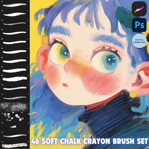 May include: Digital download graphic showing a colourful illustration of a person with blue hair and large eyes. The image includes a set of 46 soft chalk crayon brushes and the text "46 SOFT CHALK CRAYON BRUSH SET". Icons for Procreate and Photoshop are also visible.