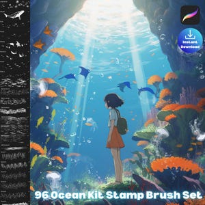Op de afbeelding: Digitale illustratie van een onderwaterwereld met een persoon die naar de oceaan kijkt. De scène bevat koraal, vissen en roggen. De tekst "96 Ocean Kit Stamp Brush Set" staat onderaan.