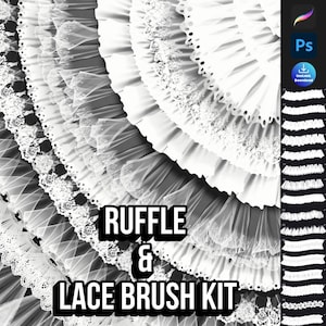 Può includere: Un'asset di arte digitale con disegni di balze e pizzi bianchi. L'immagine include il testo "RUFFLE & LACE BRUSH KIT" e icone per "Ps" e "Instant Download". I disegni sono stratificati e dettagliati.