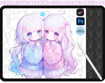 Procreate Photoshop Kawaii Cute Chibi Anime Manga Figure Drawing Guide Stamp Brush Bundle Pack for character poses and illustration