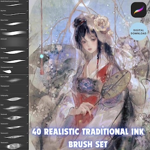 Procreate Realistic Traditional Ink Brush Pack, pittura cinese, inchiostro bagnato, strutturato, ombreggiatura, download digitale iPad