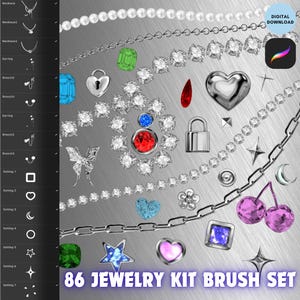 Puede incluir: Un conjunto de pinceles de kit de joyería digital con varios elementos de joyería, incluyendo collares, pendientes, broches y engastes. El conjunto presenta gemas, perlas, cadenas y dijes en plata, rojo, azul, verde y rosa. Se muestra el texto "86 JEWELRY KIT BRUSH SET".