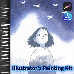May include: Digital illustration of a young person looking up at birds in a blue sky. The image has a soft, painterly style. Text at the bottom reads "Illustrator's Painting Kit". Includes a Procreate app logo and "Instant Download" button.