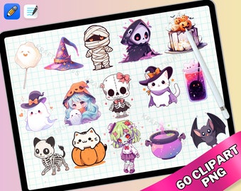 May include: A set of 14 Halloween-themed digital clipart images featuring cute characters like a ghost, a skeleton, a witch, a mummy, a cat, a bat, and a cauldron. The images are in a cartoon style and are perfect for use in digital projects.