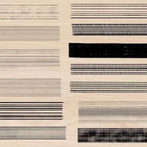 May include: A collection of black and white striped lines, varying in thickness and spacing, on a light brown background. The lines are arranged in rows, creating a pattern of horizontal stripes.