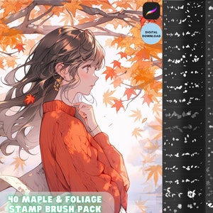 May include: A digital download of 40 maple and foliage stamp brushes. The image shows a digital illustration of a woman with long brown hair standing in front of a tree with orange and yellow leaves. The text "40 Maple & Foliage Stamp Brush Pack" is at the bottom of the image.