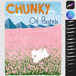 Könnte beinhalten: Digitale Illustration mit dem Text "CHUNKY Oil Pastels" in Orange und Blau. Ein weißer Hund rennt durch ein Feld rosa Blumen. Blaue Berge und Himmel im Hintergrund. Enthält einen Download-Button und Pinselstriche.