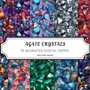 Puede incluir: Un paquete de papel digital con 10 patrones sin costuras de cristales de ágata en varios colores, incluidos morado, azul, verde, rojo y plateado. Los patrones son de 12x12 pulgadas y 300 DPI.