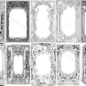 Op de afbeelding: Set van tien zwart-witte sierlijke frames met ingewikkelde bloemmotieven. De frames zijn allemaal in verschillende vormen en maten, maar ze hebben allemaal een vergelijkbare stijl. Ze zouden perfect zijn om een ​​toets van elegantie toe te voegen aan elk project.