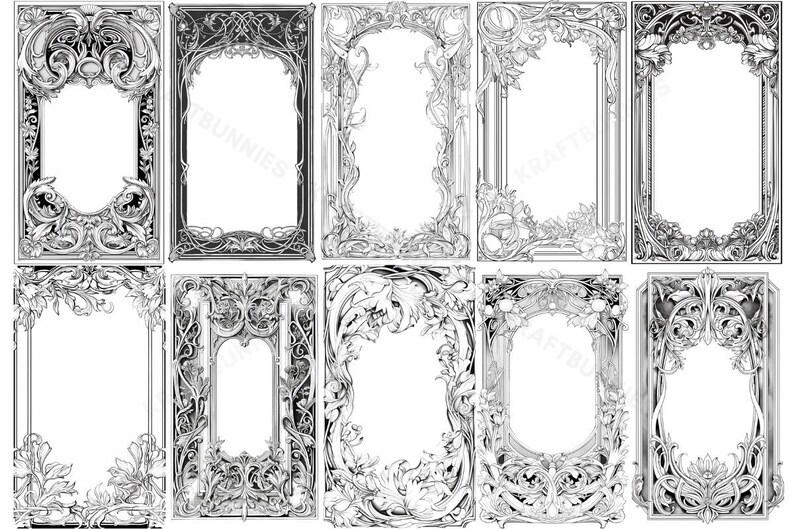 Op de afbeelding: Set van tien zwart-witte sierlijke frames met ingewikkelde bloemmotieven. De frames zijn allemaal in verschillende vormen en maten, maar ze hebben allemaal een vergelijkbare stijl. Ze zouden perfect zijn om een ​​toets van elegantie toe te voegen aan elk project.