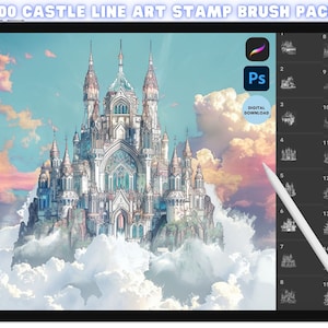 Könnte beinhalten: Eine digitale Illustration eines großen, detaillierten Schlosses in den Wolken. Das Bild wird verwendet, um einen digitalen Download von 100 Schloss-Linienkunst-Stempelpinseln zur Verwendung in Adobe Photoshop zu bewerben.