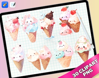 Kawaii Ice Cream Cone Clipart, Pastel Watercolor PNG Stickers (Digital Download)