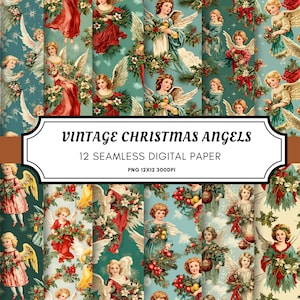 Seamless Pattern Vintage Christmas Angels , Seamless Repeat Pattern, Printable Xmas Gift Background, Printable Digital Wrapping Paper