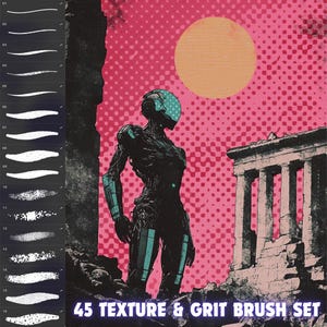 Pode incluir: Impressão de arte digital com uma figura futurista com detalhes turquesa, em frente a uma ruína clássica sob um sol pêssego. A imagem inclui 16 pinceladas e o texto "45 Texture & Grit Brush Set".