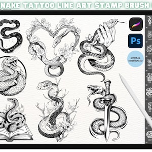 Könnte beinhalten: Ein digitaler Download von 100 Schlangen-Tattoo-Linienkunst-Stempelpinseln für die Verwendung in Adobe Photoshop und Procreate. Das Bild zeigt eine Vielzahl von Schlangendesigns, darunter Schlangen, die um Herzen, Schwerter und Bücher gewickelt sind. Der Text "100 SNAKE TATTOO LINE ART STAMP BRUSH PACK" befindet sich oben im Bild.