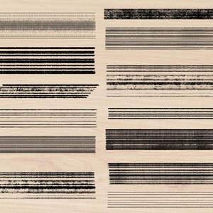 May include: A collection of 14 black and white horizontal lines of varying thickness and texture. The lines are drawn on a light brown background.