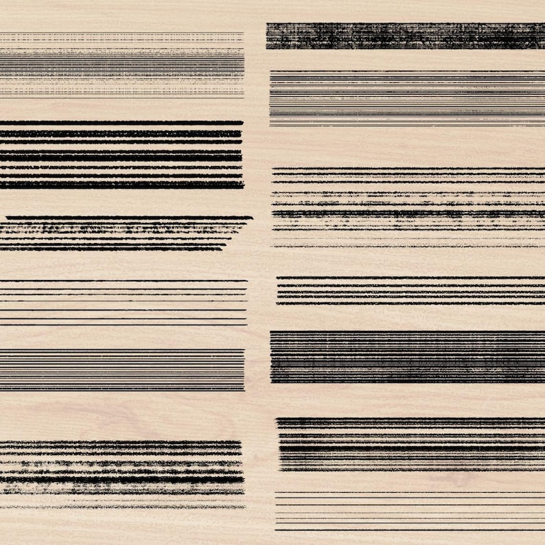 May include: A collection of 14 black and white horizontal lines of varying thickness and texture. The lines are drawn on a light brown background.