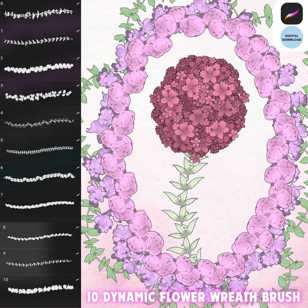 Procreate Dynamic Flower Wreath Brush Kit Set Floral Leaf Stamp Line ...