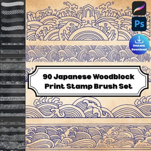 Puede incluir: Un conjunto de arte digital con 90 pinceles de sellos de impresión de bloques de madera japoneses. La imagen muestra varios patrones de olas azules y bordes decorativos sobre un fondo beige. Incluye un icono "Ps" y un botón azul de "Descarga instantánea".