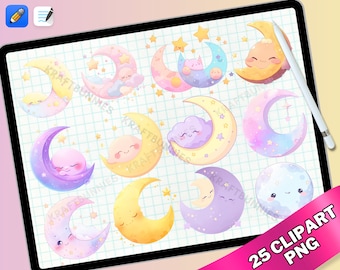 Kawaii Moon Clipart, Watercolor Pastel PNG Stickers (Digital Download)