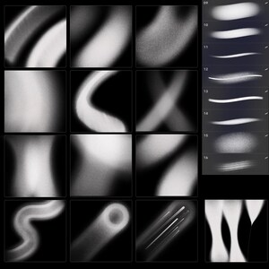 Pu&ograve; includere: Una collezione di pennelli per arte digitale in varie forme e texture. I pennelli variano da tratti morbidi e sfocati a effetti granulosi, il tutto in tonalit&agrave; di bianco e grigio su sfondo nero. L'immagine include anche una selezione di esempi di pennellate.