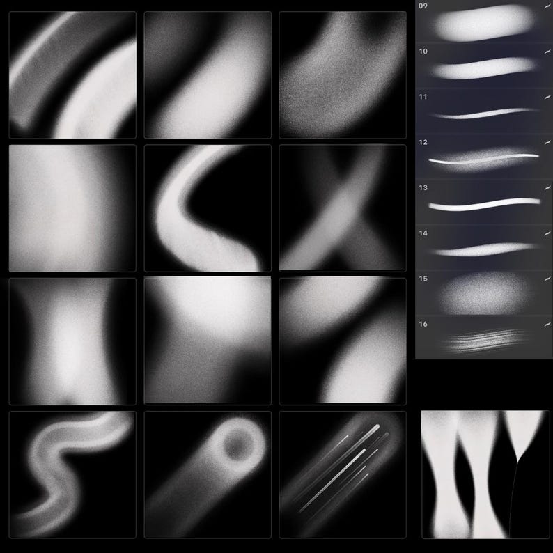 Pu&ograve; includere: Una collezione di pennelli per arte digitale in varie forme e texture. I pennelli variano da tratti morbidi e sfocati a effetti granulosi, il tutto in tonalit&agrave; di bianco e grigio su sfondo nero. L'immagine include anche una selezione di esempi di pennellate.