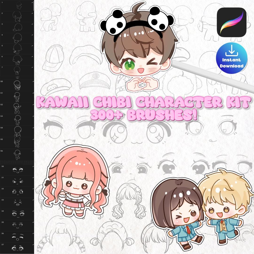 300+ Procreate Chibi Stamp Brushes, Chibi Character Builder, Anime Body ...