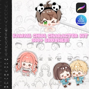 Pode incluir: Kit de arte digital com personagens chibi kawaii. A imagem mostra um personagem piscando com uma faixa de panda, junto com outros personagens chibi, olhos e penteados. O texto diz "KAWAII CHIBI CHARACTER KIT 300+ BRUSHES!" e "Instant Download".