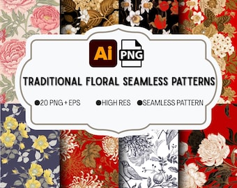 May include: A collection of traditional floral seamless patterns in various colors, including red, pink, gold, and navy. The image includes the text "TRADITIONAL FLORAL SEAMLESS PATTERNS", "20 PNG + EPS", "HIGH RES", and "SEAMLESS PATTERN".