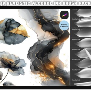 May include: A digital download of 19 realistic alcohol ink brushes for use in digital art programs. The brushes are shown on a tablet screen with a white background. The brushes are designed to create a variety of effects, including flowing lines, abstract shapes, and organic textures.