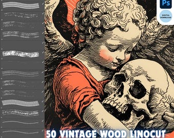 Procreate Photoshop Vintage Woodcut Linocut Line Brush, Bundle Pack Brushes, wood engraving effect brush , Digital Download Brush Set