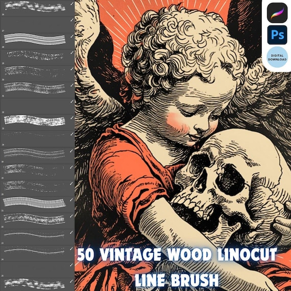 Procreate Photoshop Vintage Woodcut Linocut Line Brush, Bundle Pack Brushes, wood engraving effect brush , Digital Download Brush Set