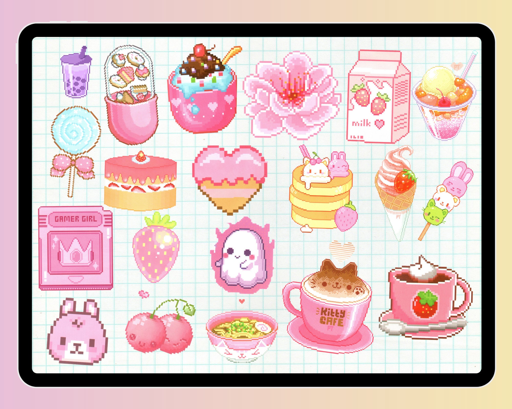 Kawaii Retro Pixel Art Sticker Bundle, Digital Planner Stickers (PNG ...