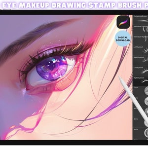 Könnte beinhalten: Ein digitaler Download von über 100 Augen-Make-up-Zeichen-Stempelpinseln für Procreate. Das Bild zeigt eine Nahaufnahme eines violetten Auges mit einem digitalen Stift, der über den Bildschirm schwebt. Die Pinsel umfassen einzelne Wimpern, Wimpern und Iris.