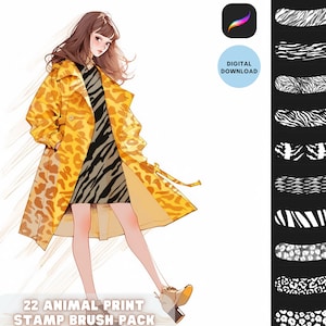 May include: A digital download of 22 animal print stamp brushes. The brushes feature various animal prints, including leopard, zebra, and cheetah. The image also shows a woman wearing a yellow leopard print coat and a black and white zebra print dress.